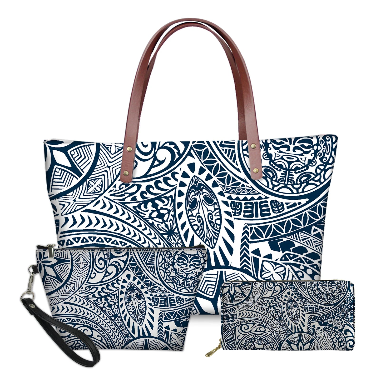 3-piece blue and white Polynesian tribal print handbag set with leather straps, wristlet, and wallet.