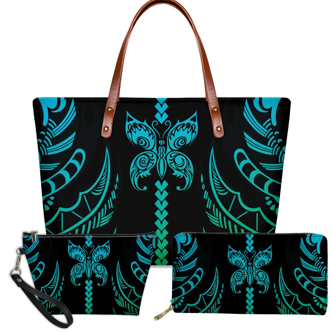 3-piece set of black and teal Polynesian tribal butterfly print handbags with brown faux leather handles.