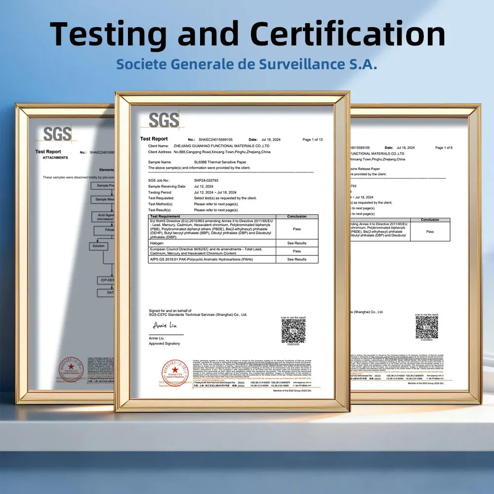 Testing and certification document set for thermal label roll, framed SGS reports