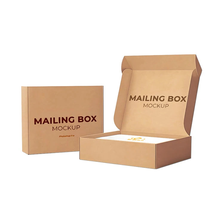 Brown mailer boxes with "MAILING BOX" text on panels and a one-open box