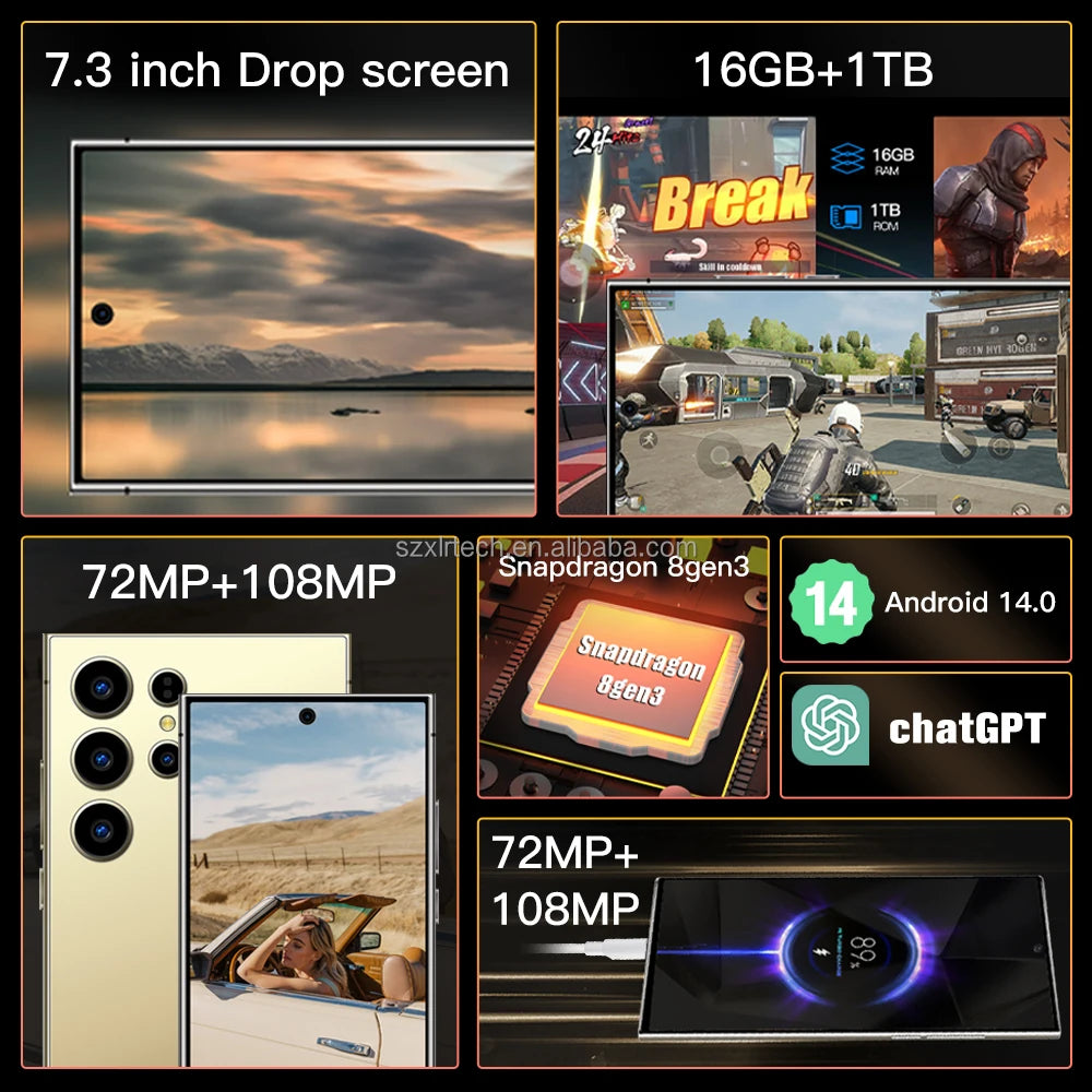 Tidesmit 5G Smartphone, 1TB Storage, 16GB RAM, 108MP Camera - Gold Tidesmit