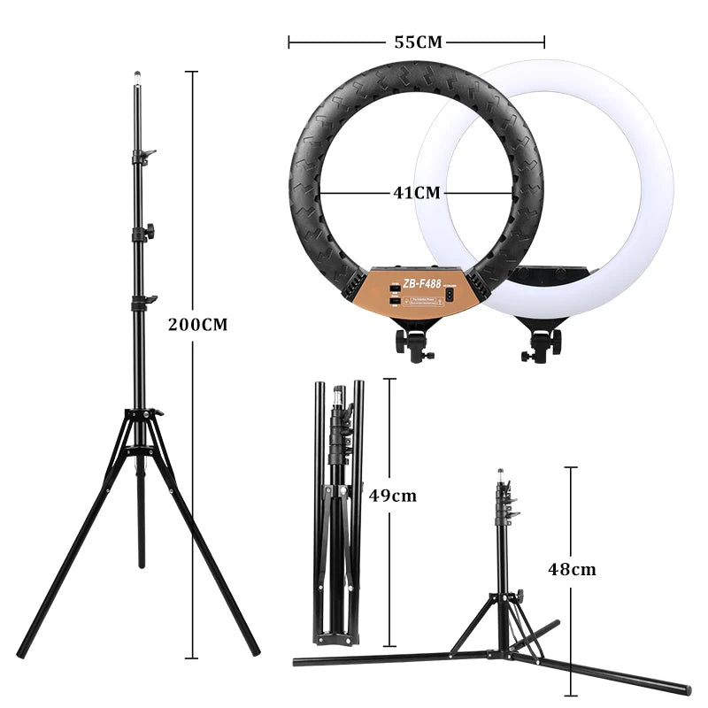55cm LED ring light with a 200cm black tripod stand, adjustable components, and dimensions for studio lighting.
