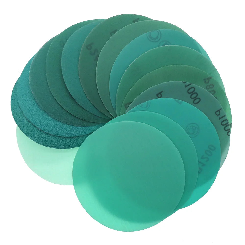 6-inch green PET film sanding discs for wet & dry car polishing. Hook and loop backing, 60-2000 grits for finishing.