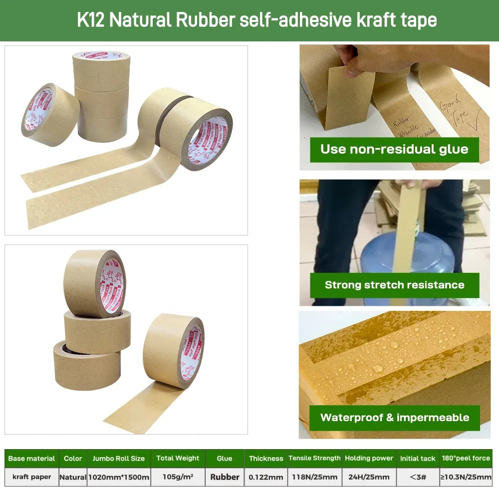 Natural rubber self-adhesive kraft paper tape roll set with extended strip