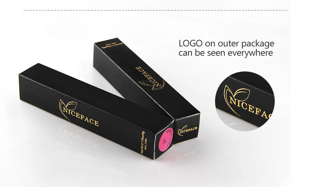 NICEFACE waterproof matte liquid lipstick in black packaging with gold logo and pink shade indicator.