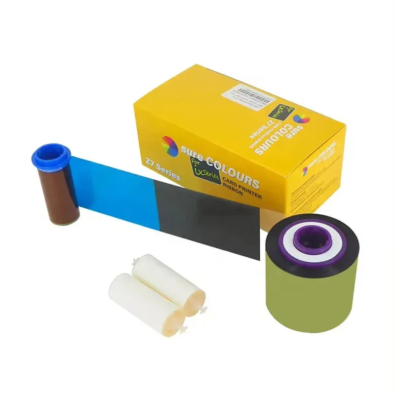 Color printer ribbon cartridges with yellow box, two rolls, and two white cleaning rollers