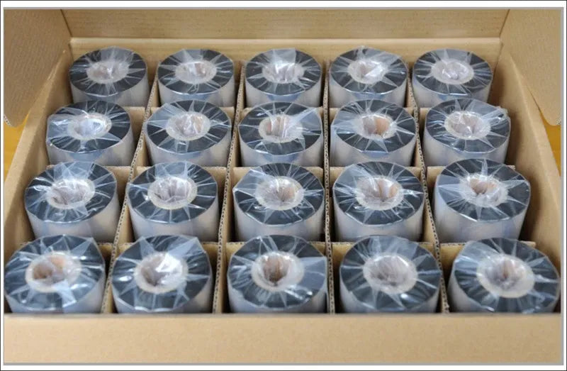 Thermal transfer ribbon rolls, silver foil with black cores in a boxed set