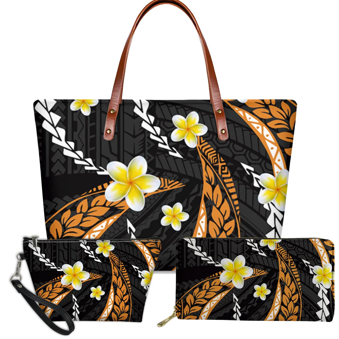 3-piece black handbag set with orange Polynesian tribal turtle patterns and yellow plumeria floral print, brown straps.