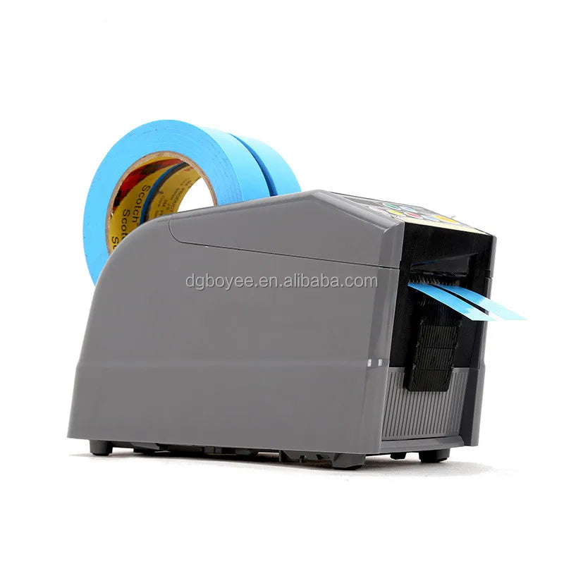Automatic tape dispenser with blue tape roll and open tape path, dark gray housing