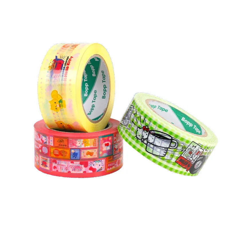 BOPP packing tape rolls, yellow red and green with cartoon cat graphics and “Bopp Tape” labels