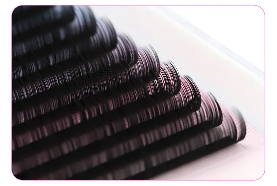 Tidesmit black Russian volume 0.03mm silk eyelash extension strips neatly arranged in a tray.