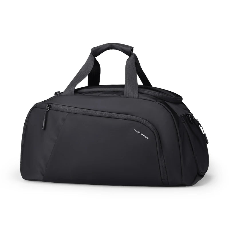 Black Mark Ryden water-resistant travel gym duffel bag with shoe compartment, side zipper, and reinforced handles.
