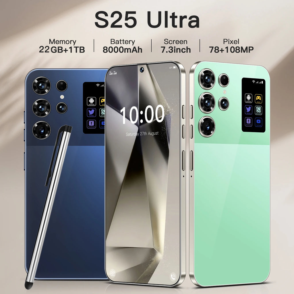 S25 Ultra smartphone with 7.3 inch display, 1TB storage, S-Pen, and Android 15, white background product shot