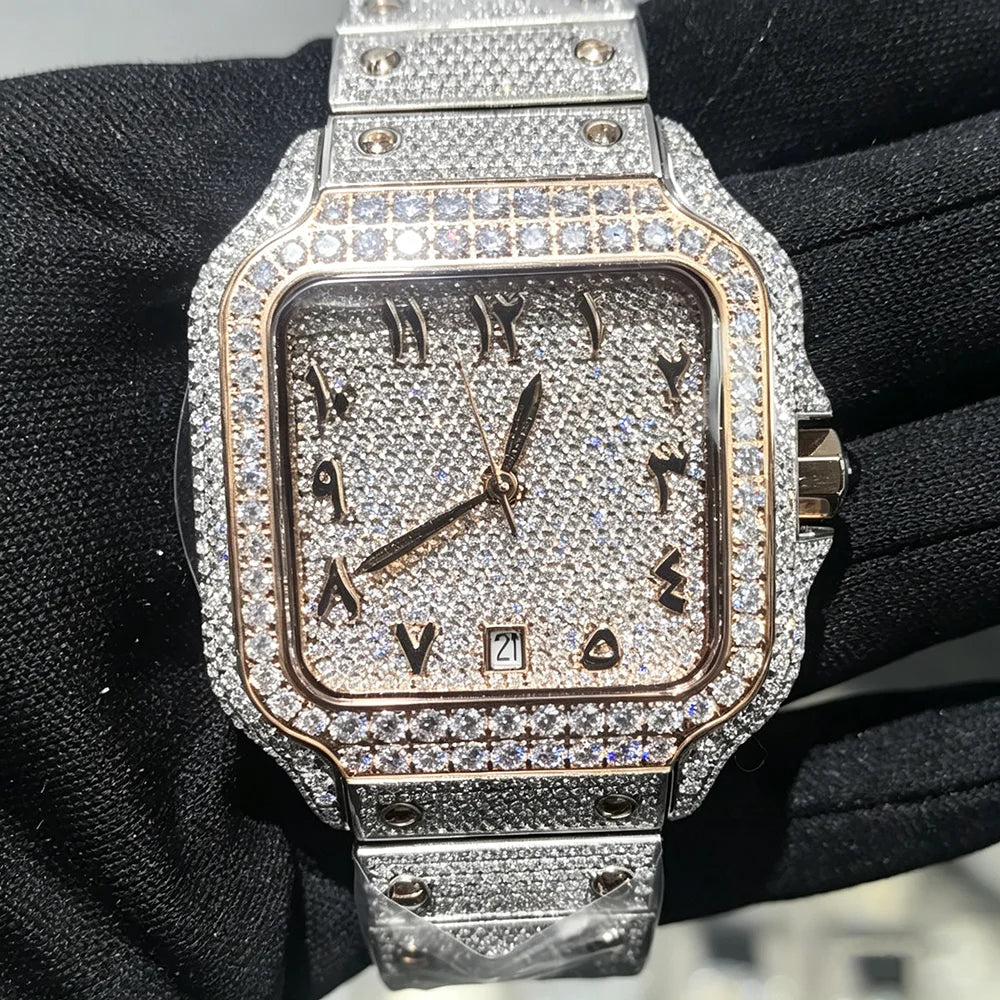 Moissanite-uhr Moissanite Watch Custom Diamond Rose Gold Moissanite Watch Mechanical Movement Classic Luxury Men's Vvs Uhr