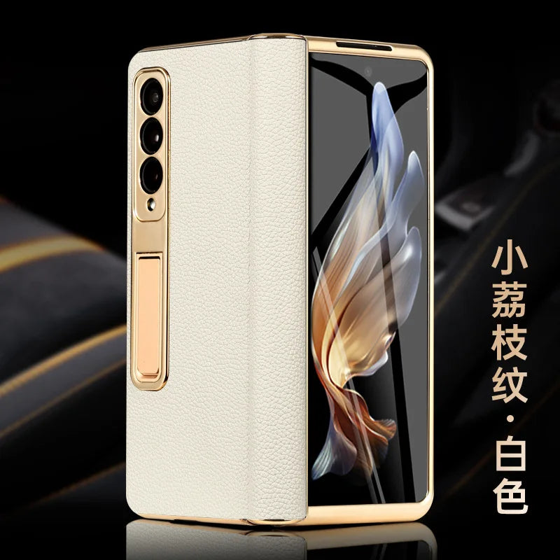 For Samsung Galaxy ZFold 6 Z Fold 5 Crocodile Genuine Leather Electroplated Hinge Full Protective Case Tempered Screen Protector white2 OPP Bag Tidesmit
