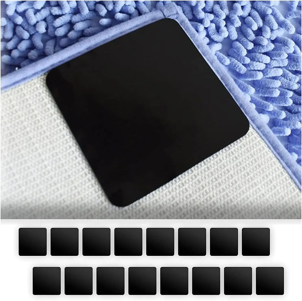 Square carpet grip pads with black adhesive layer, shown on rug fabric surfaces