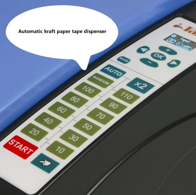 Tape dispenser control panel with buttons and indicator lights on black-and-blue housing