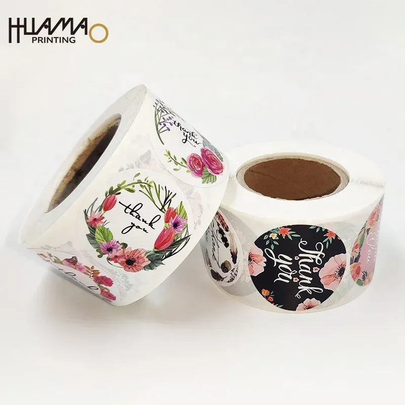 White thank-you sticker roll with floral bouquet “Thank you” wreath designs, waterproof vinyl