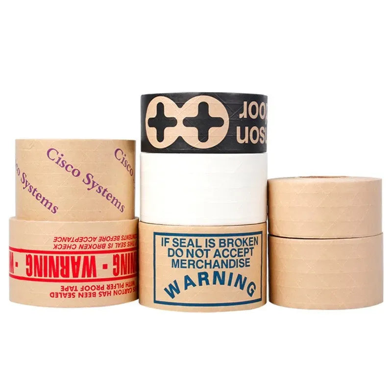 Assorted packing tape rolls, including white and tan rolls with warning labels