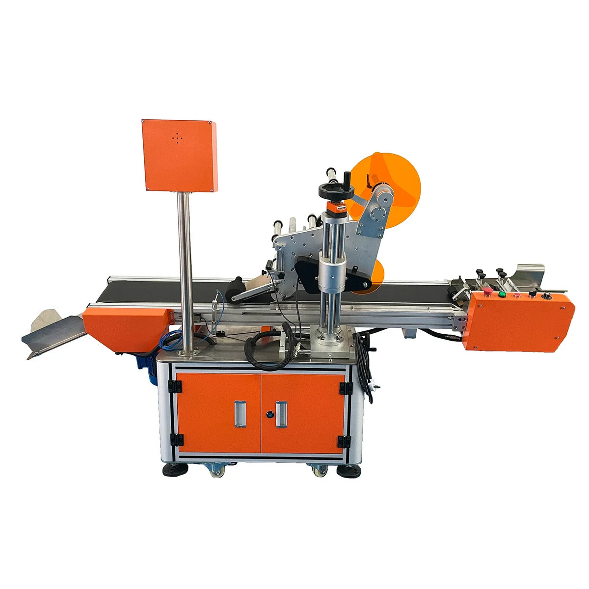 Flat label attaching machine with touchscreen stand, orange base, and dispensing roller assembly