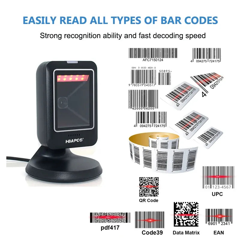 Black desktop barcode scanner with red scan light and front scanning window