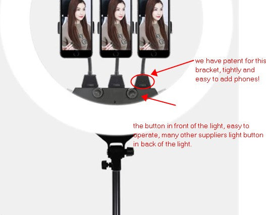 Ring light on a stand with three flexible black phone mounts and front-facing control buttons for content creation.