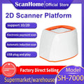 2D barcode scanner platform with white body and orange top ring, desktop use