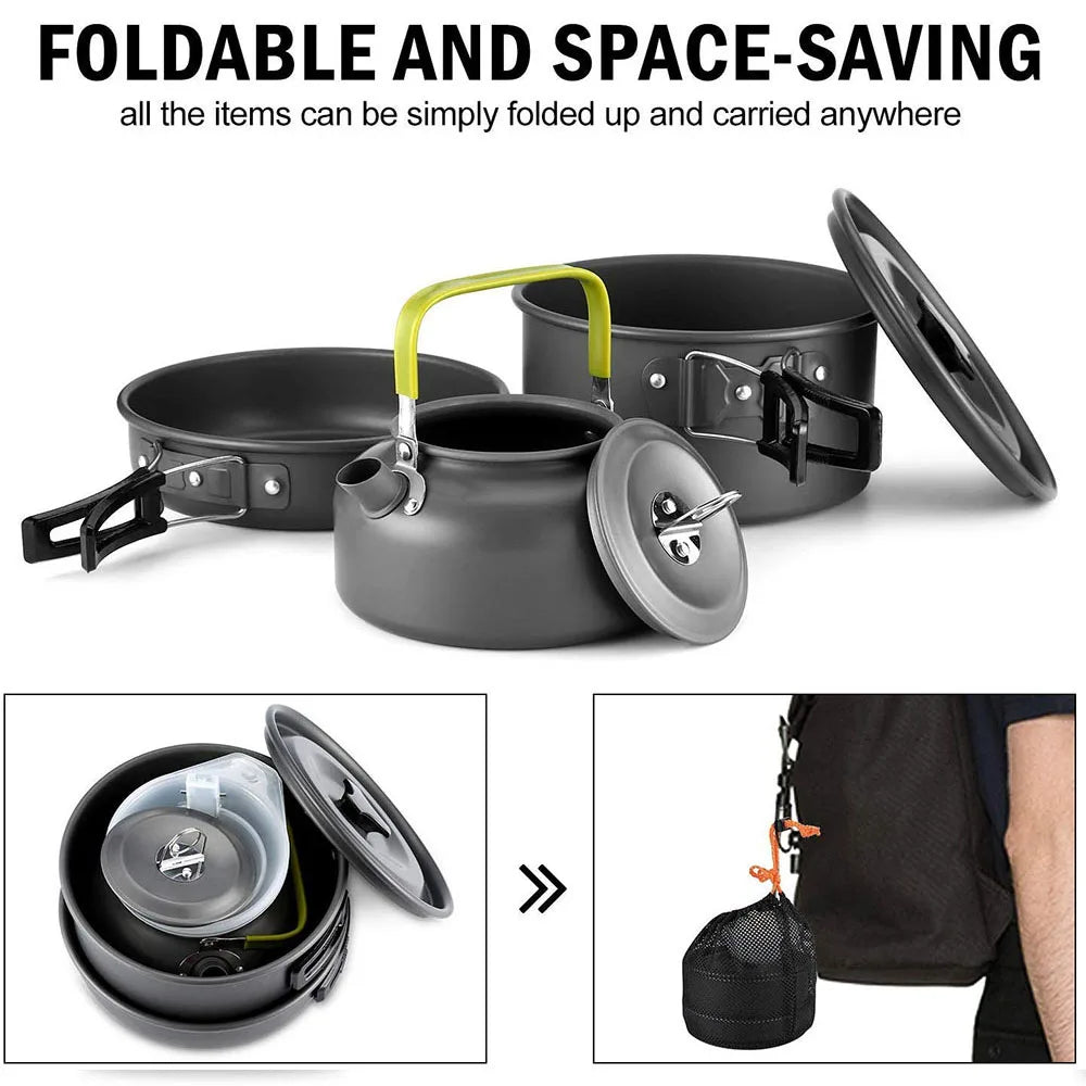 Aluminum camping cookware set with foldable pots and kettle, shown nested for carry