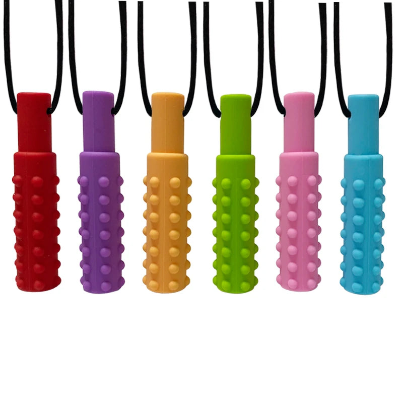 Colorful silicone baby teething toys for soothing relief in red, purple, yellow, green, pink, and blue.