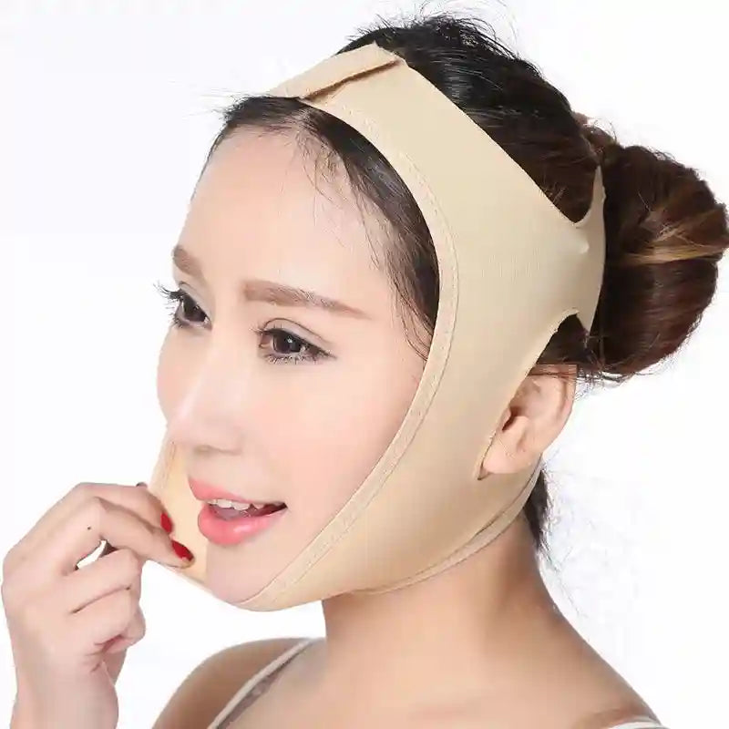 A woman wearing a beige, elastic V-line face slimming bandage strap that lifts the chin and cheeks.