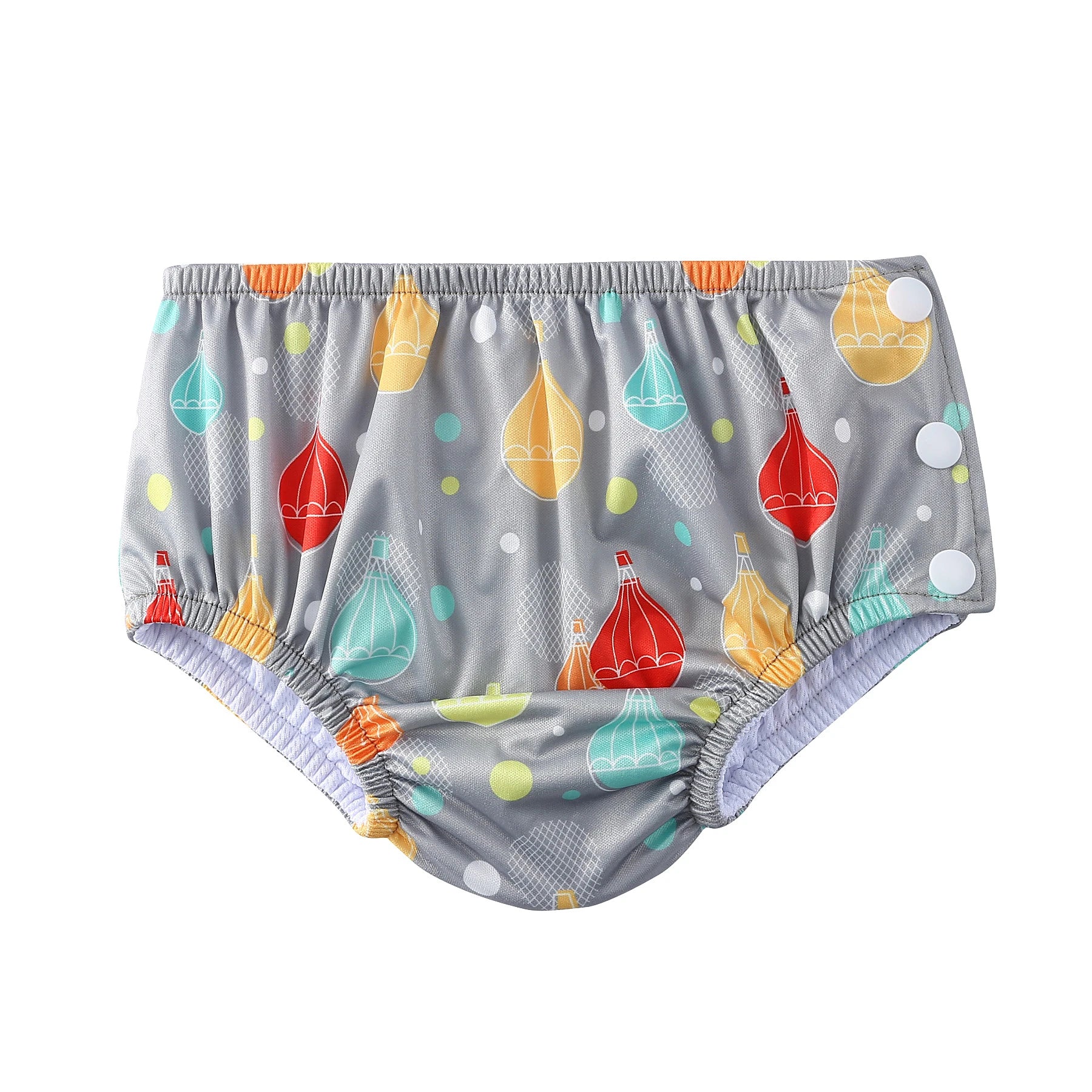 Reusable baby swim diaper in gray with colorful hot air balloon print and side snap closures.