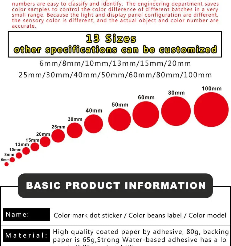 Round dot sticker size chart with red circles labeled 6mm to 100mm