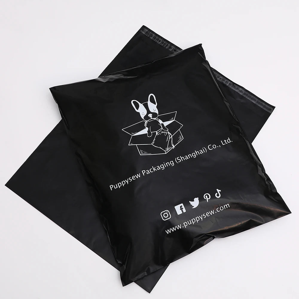 Black poly mailer shipping bag with bunny logo and social icons print