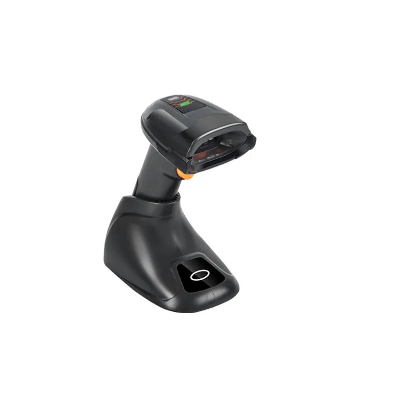 Handheld barcode scanner angled view with scan window and orange indicator