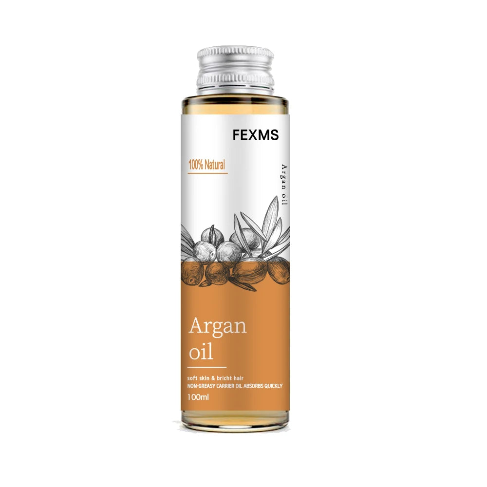 Argan oil 100ml bottle with FEXMS label and amber liquid tone near base