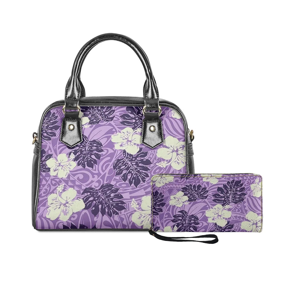 Purple Polynesian tribal handbag and wallet set with black monstera leaf and hibiscus floral print.