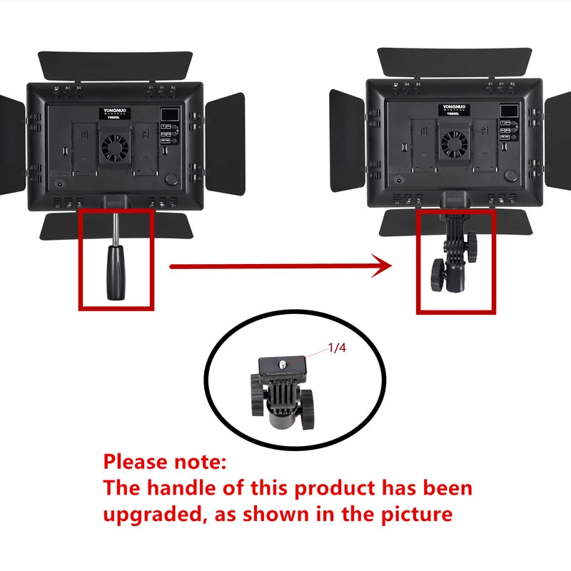 Black LED video light panel with adjustable barn doors and an upgraded 1/4-inch threaded mounting handle.