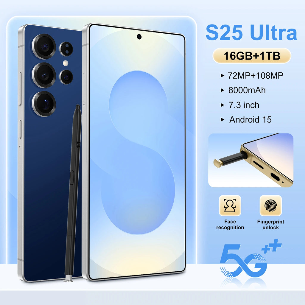 Tidesmit S25 Ultra 7 inch Android smartphone with 108MP camera, 7800mAh battery, 5G, and built-in stylus pen.