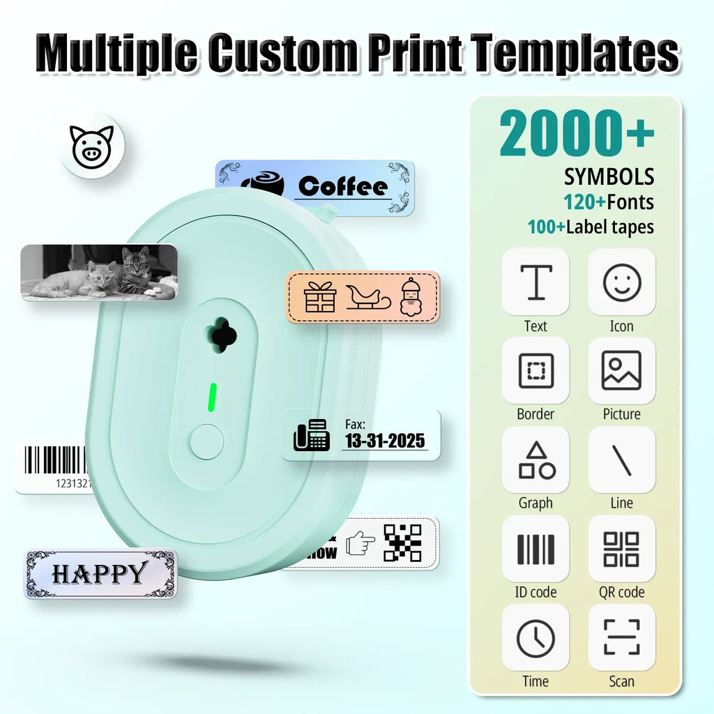 Thermal label tape with custom print templates, icons, text, barcode, and QR options