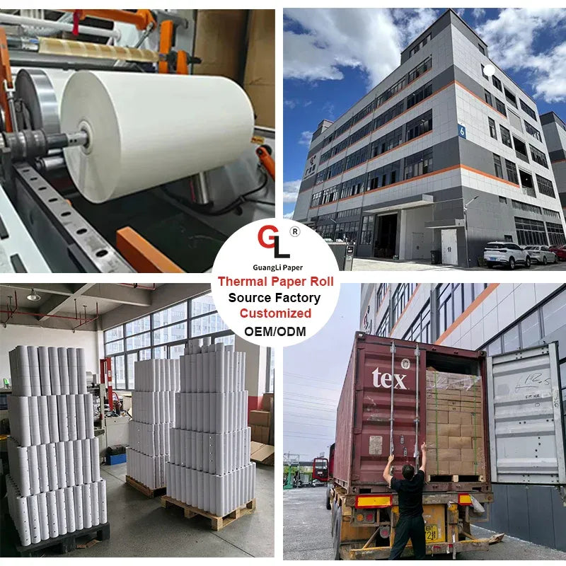 Thermal label paper roll on industrial equipment with factory building view