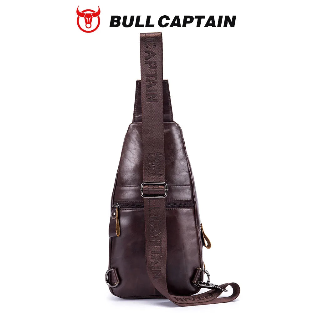 BULLCAPTAIN vintage brown genuine cow leather sling bag with logo-branded strap for men’s casual business style.