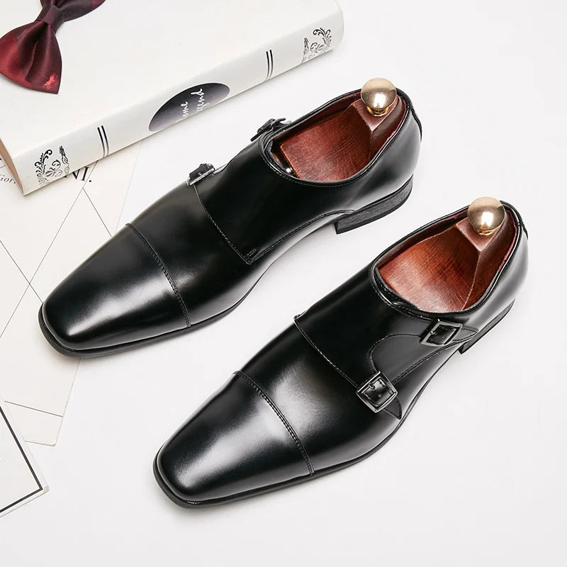 Men's Trendy Office Dress Shoes Big Size Breathable Wedding Shoes with Big Monk Strap Style Leather Style