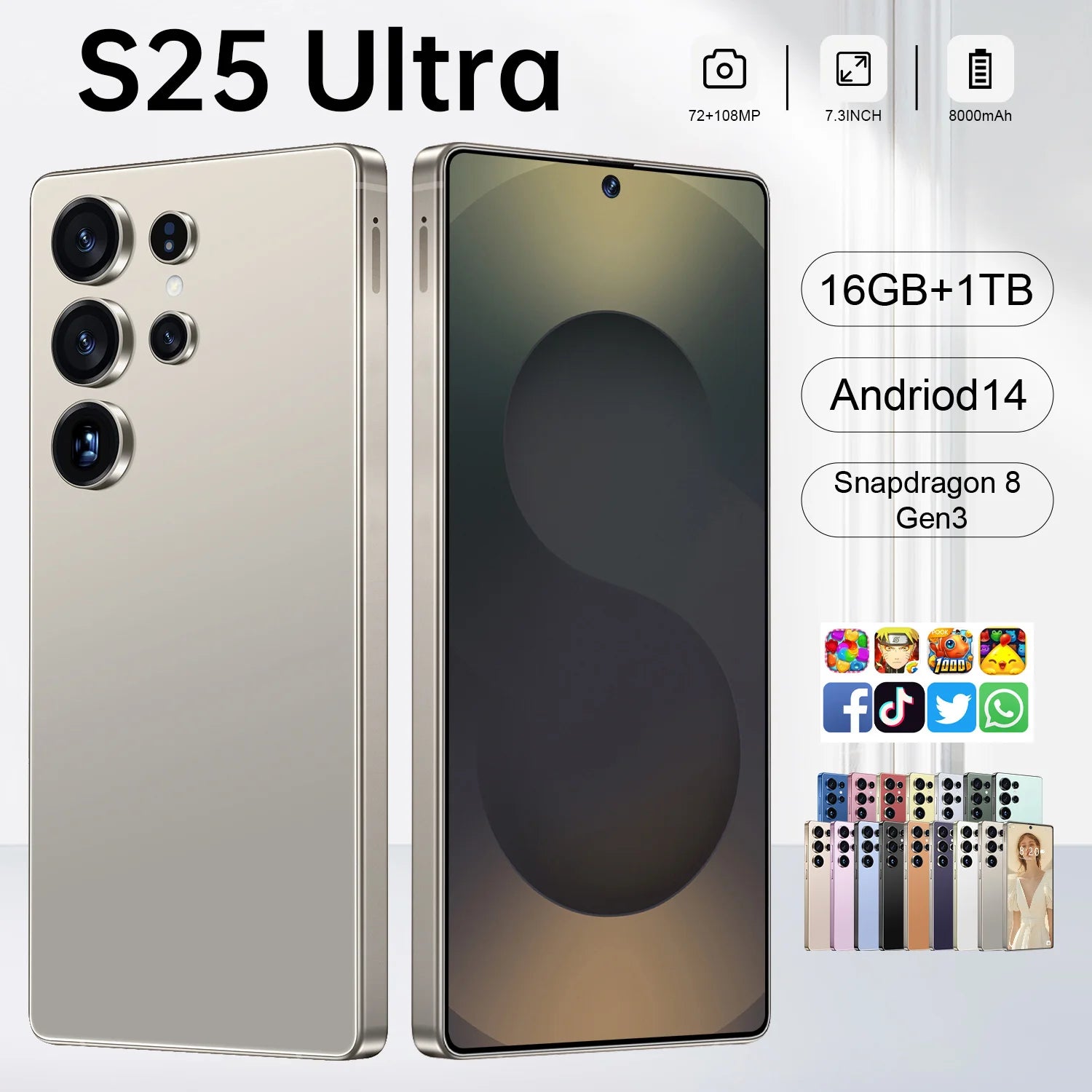 Tidesmit 2025 S25 Ultra 5G Android phone with 6.9-inch screen, 16GB RAM, 1TB storage, and stylus pen.