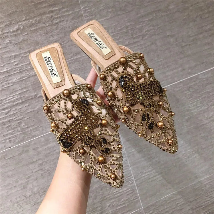 Luxury Rhinestone Outdoor Slippers Closed Toe Female Women Loafer Spring  Flat Shoes with Diamonds