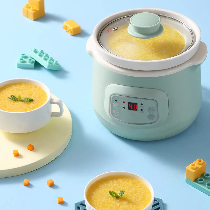 Mint 1L electric slow cooker with lid, display showing heat level 4.0