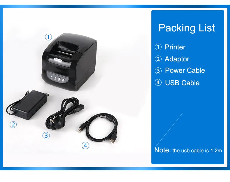 Black thermal printer kit with power adapter and USB cable accessories