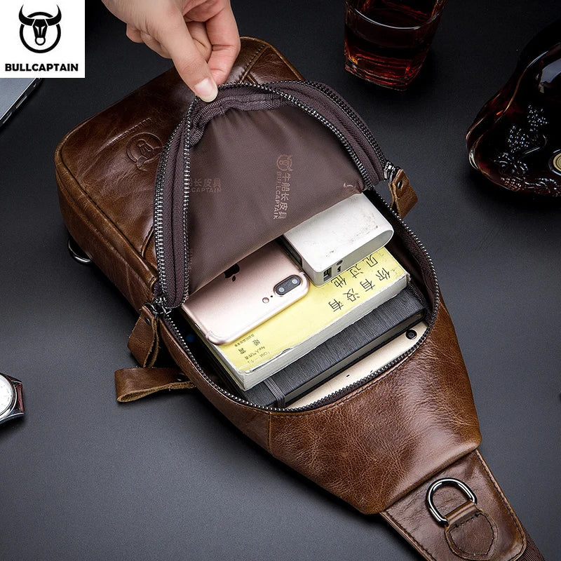 BULLCAPTAIN brown leather chest bag, multi-functional casual messenger with open phone compartment and secure zipper.