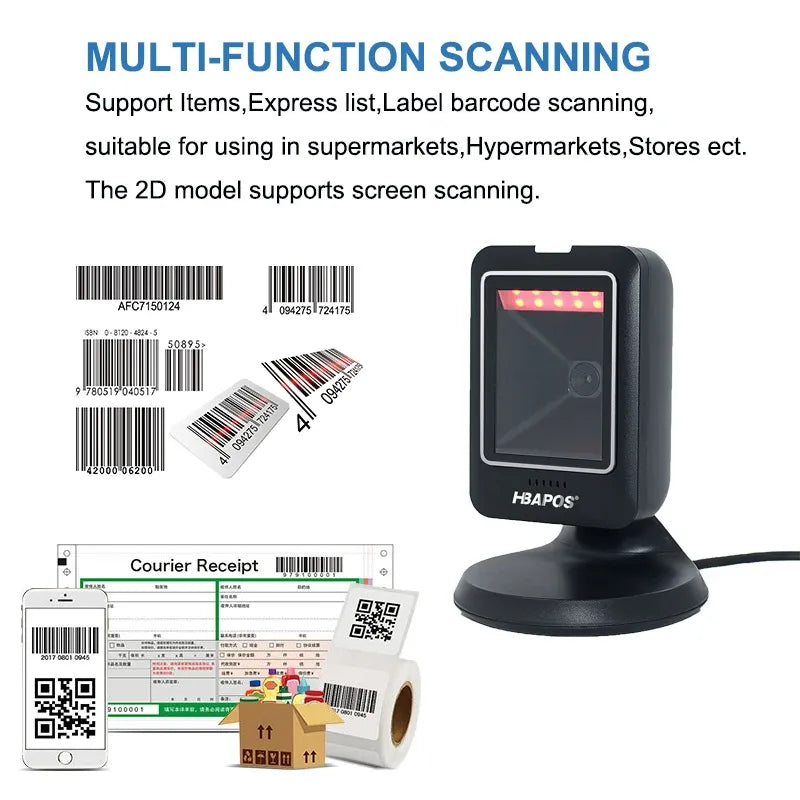 Black desktop 2D barcode scanner for receipts and barcodes on a stand