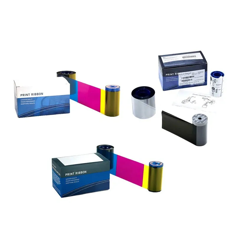 Print ribbon pack showing multiple rolls and boxes for card printer ribbon