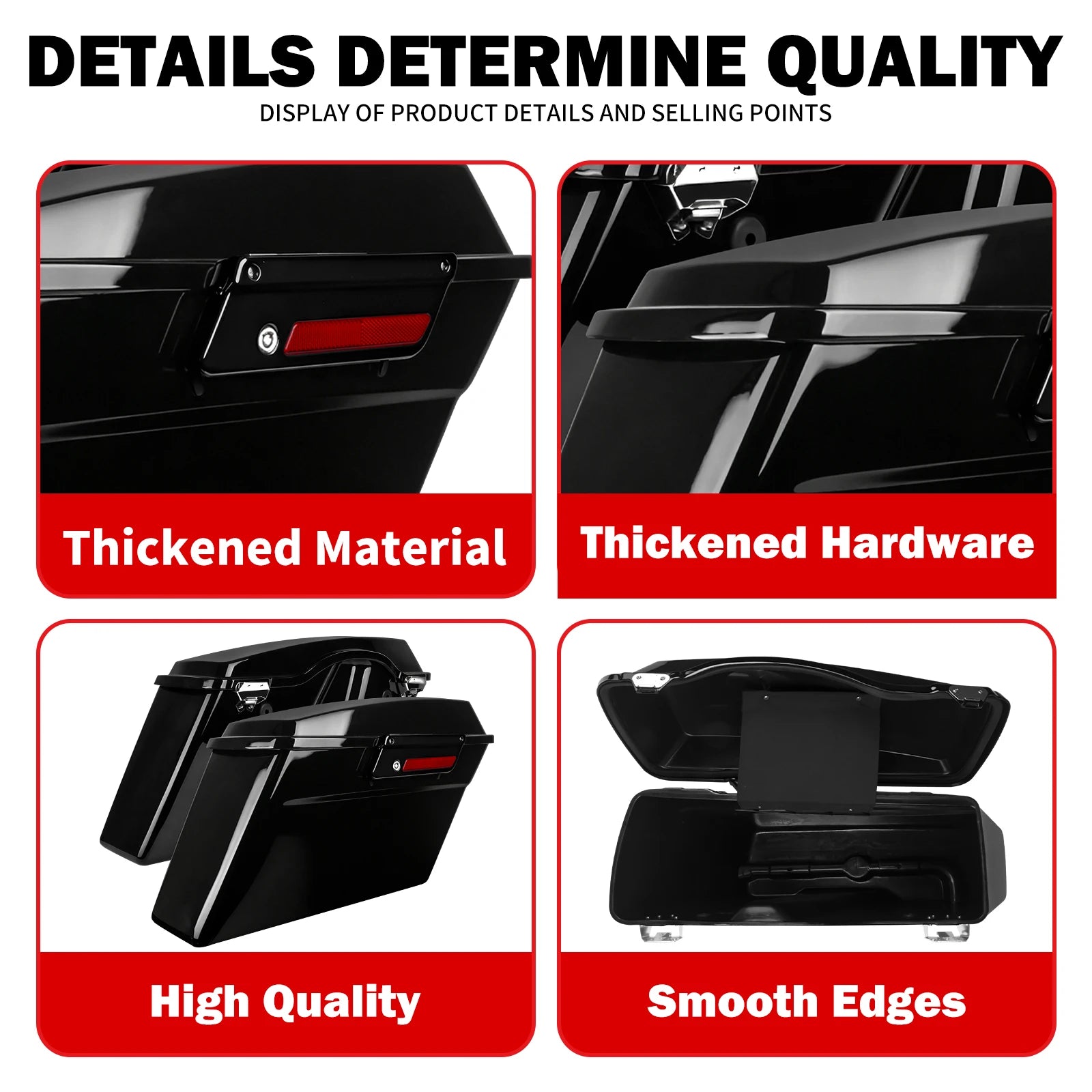 Black motorcycle hard trunks for Harley Touring 94-13 with chrome latches, locks, and reflectors. Durable storage bags.